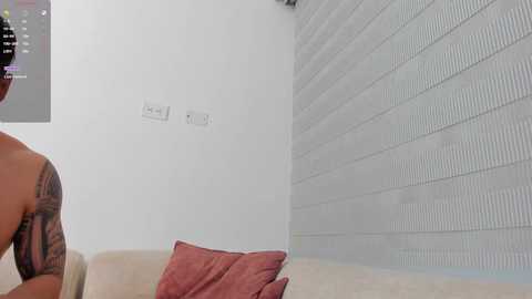 A video shows a partially visible person with a tattooed arm on a beige couch with a red pillow. The background features a white wall and a brick-patterned wall.