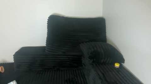 Video of a black, textured, ribbed cushion and pillow set against a plain white wall, featuring a yellow, round sticker on the cushion.