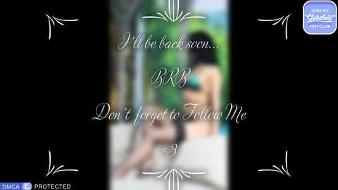 A blurred, black-and-white video with a green background features a woman in a bikini, overlaid with white decorative elements and text reading, \"I'm back... Don't forget to follow me.\
