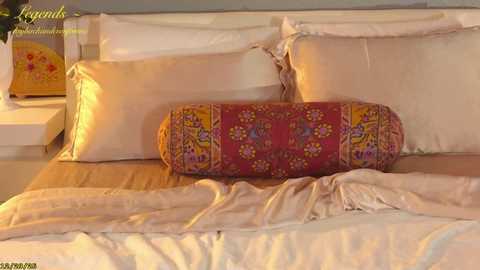Video of a neatly made bed with beige sheets, a red pillow with floral embroidery, and a matching red bolster pillow. The background features a white headboard and a white nightstand with a yellow decorative object.