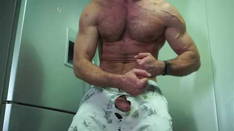Video of a muscular, shirtless man with fair skin and a hairy chest, wearing white shorts with a large tear, flexing his biceps. Background shows a plain white wall and a partially visible metallic object.
