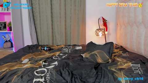 Video of a messy bedroom with a dark gray bedspread, a brown pillow, and a lit lamp on a wall. The background features a green curtain and a pink shelf with books. Text overlays read \"Happy New Year\" and \"Year 2020.\