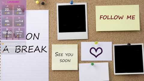 Video of a corkboard with colorful sticky notes: \"ON A BREAK,\" \"SEE YOU SOON,\" \"FOLLOW ME,\" and blank frames. A calendar with \"LOVE\" at the top and \"ON A BREAK\" in bold letters.