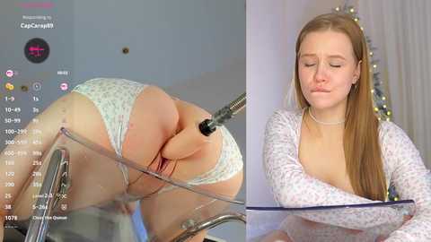 Video collage: Left, close-up of a woman's buttocks being penetrated by a dildo; right, woman in a white floral robe with long blonde hair, eyes closed, holding a glass.