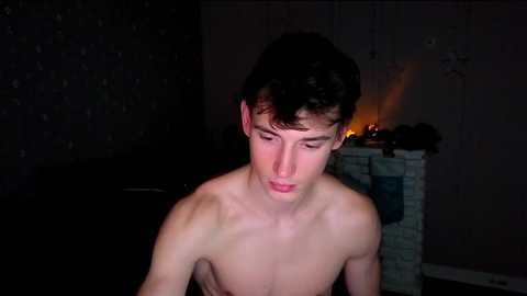 Video of a shirtless, slender young man with dark hair and fair skin, looking down, in a dimly lit room with a fireplace and patterned wallpaper.