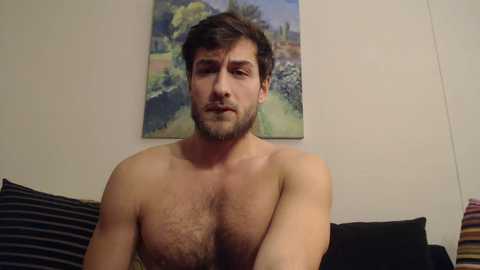 Video of a shirtless man with a beard, dark hair, and muscular physique, sitting on a couch. Behind him is a framed landscape painting and striped pillows.