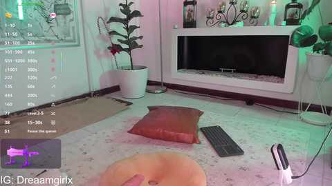 A video of a cozy living room with a fireplace, potted plants, a red pillow, and a keyboard on a marble floor. The image features a VR headset on a person's head.