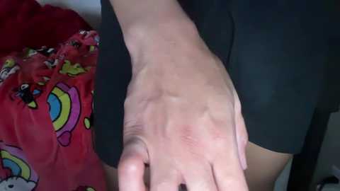 Video of a person's hand resting on a black-clad thigh, with a red pillow featuring cartoon characters in the background.