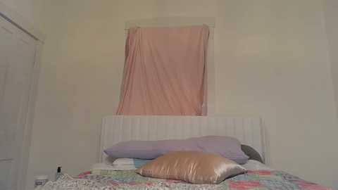 A video of a simple bedroom with a white bed, a lavender pillow, and a pink sheet draped over the window, featuring pastel colors and a serene atmosphere.