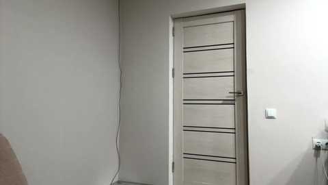 A video of a minimalist interior featuring a beige wooden door with horizontal slats and a small white light switch on the wall, set against light gray walls.