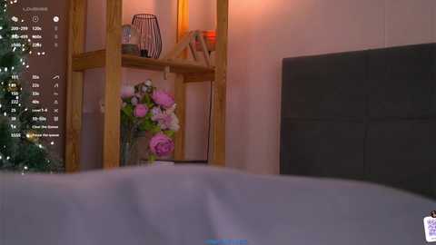 Media: A video of a cozy bedroom with a wooden bookshelf holding a vase of pink and white flowers, a black lamp, and books; a gray upholstered headboard is visible.