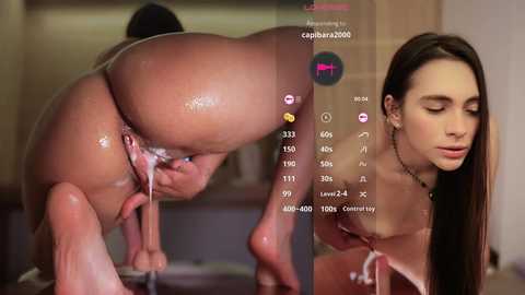 A video of a nude woman bent over, showcasing her anus and vagina, with a second image of her wearing a choker, in a dimly lit room with a wooden background.