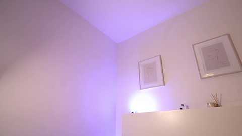 Video of a minimalist bathroom corner with white walls, two framed abstract artworks, a glowing white lamp, and a small wooden box on a shelf.