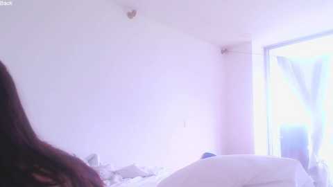 A video of a minimalist, softly lit bedroom with white walls and a large window covered by sheer curtains, showing a bright, sunny view outside. The image is slightly out of focus.