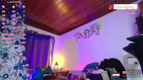 Video of a cozy, cluttered living room with a Christmas tree, festive decorations, and a TV. The room is illuminated by purple and yellow lights, creating a warm, festive atmosphere.