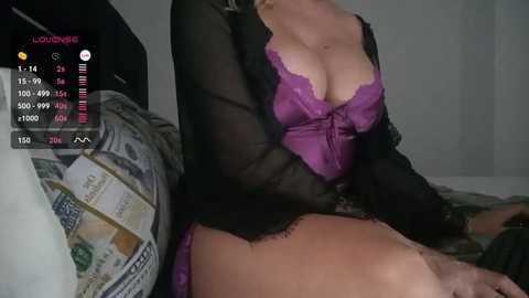 Media: Video of a fair-skinned woman in a sheer black robe, revealing a purple lace bra with cleavage, seated on a bed with dollar bills visible.