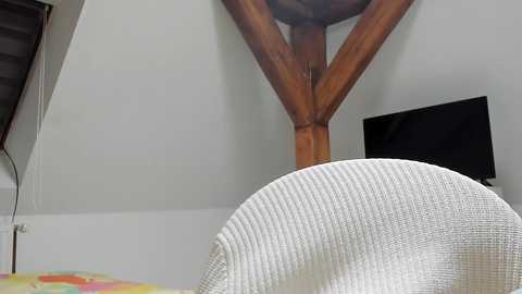 Media: Video of a modern room with a wooden ceiling beam and a white chair with a textured fabric backrest. A flat-screen TV is mounted on the white wall to the right.