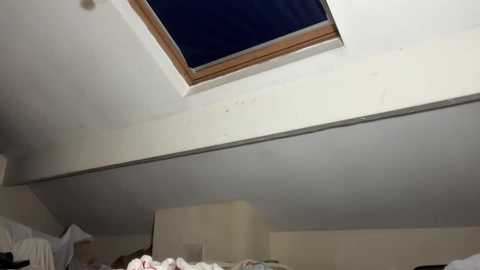 Video of a bedroom ceiling with a rectangular skylight, showing a dark night sky. Below, the white walls and a bed with white sheets are visible. The room appears simple and cozy.