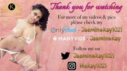 A promotional image featuring a curvy Black woman in lingerie, with a pink textured background, thanking viewers for watching her videos, including OnlyFans, JasminKaya, and Mamyvids.
