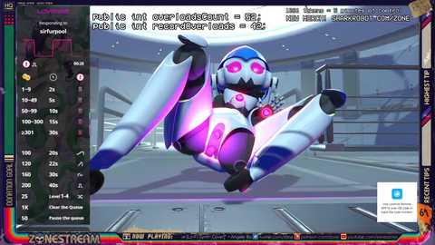 A digital CGI image of a futuristic, robotic female character with glowing pink eyes and a metallic, sleek body, shown from a first-person perspective. The background is a high-tech, minimalist room with a large window. The scene is part of a video game interface.