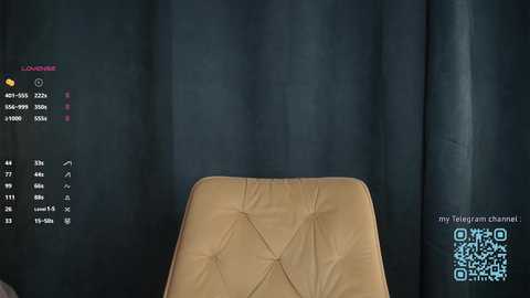 A video shows a beige leather chair with diamond quilted patterns against dark, textured fabric curtains. The image includes a virtual camera overlay with controls on the left and QR codes on the right.