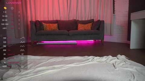 A video shows a modern living room with a gray couch, orange throw pillows, and red lighting; a white blanket covers the floor.