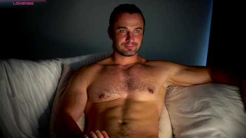 Media: Video of a shirtless, muscular, fair-skinned man with short brown hair, sitting on a white couch in a dimly lit room, wearing a subtle smile.