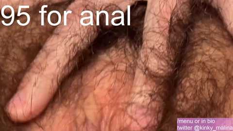 Video of a close-up view of a hairy, light-skinned hand with fingers spread apart, revealing an anus. Text reads \"95 for anal.\