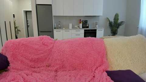 Video of a modern, minimalist kitchen with white cabinets, stainless steel appliances, and a pink faux fur blanket draped over a cream-colored sofa.