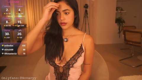 Video of a young woman with long black hair, wearing a pink lace dress, sitting indoors. She has a slender physique and is holding her hand to her forehead.