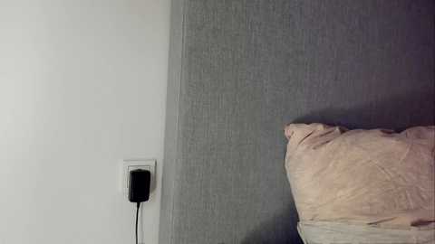 A video of a beige pillow and gray textured wall with a white electrical outlet and black power cord in the corner.