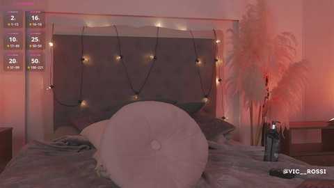 Video of a dimly lit bedroom with a large, circular, plush pillow on a bed, surrounded by fairy lights and palm leaf decor.