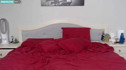 Video of a bedroom with a neatly made bed covered in red sheets and pillows. A white headboard with a tufted design is against a white wall with a black-and-white framed photo above. Nightstands hold a fan, lamp, and blue bottle.