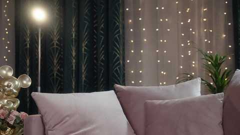 Video of a cozy living room with plush pink cushions on a sofa, illuminated by a warm light, adorned with string lights and a potted plant.