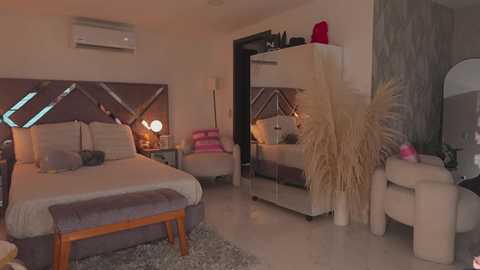 Video of a modern, cozy bedroom with a beige headboard, mirrored walls, a fluffy white bench, and a large potted plant.