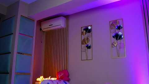 Video of a modern living room with a beige wall, air conditioning unit, decorative floral mirror, purple lighting, and a partially visible red bag.