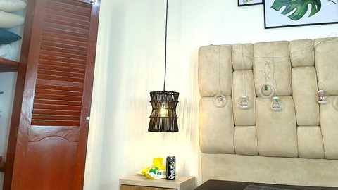 Video of a modern bedroom with a beige tufted headboard, black pendant light, wooden louvered closet, and a small wooden nightstand with a black can and yellow dish.