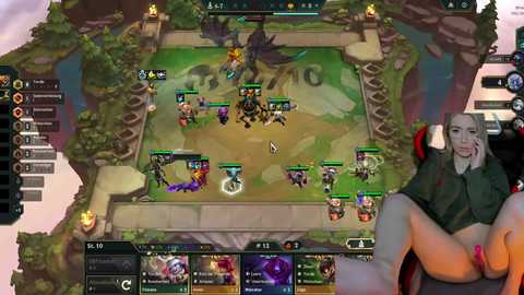 A screenshot of a League of Legends match shows a player with a beard and a green shirt, sitting and watching the action. The in-game map features a lush, green landscape with a castle-like structure and animated characters.