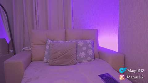Video of a cozy, dimly lit bedroom with a beige leather sofa, a blue floral pillow, and a laptop on the floor, purple lighting on the wall, and a large, arched mirror in the background.