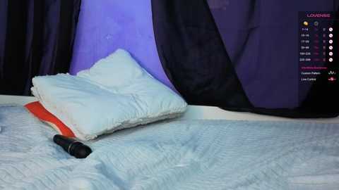 Video of a plush light blue pillow on a bedspread, next to a black vibrator on a light blue, textured blanket. The background features a dark curtain and a purple wall.