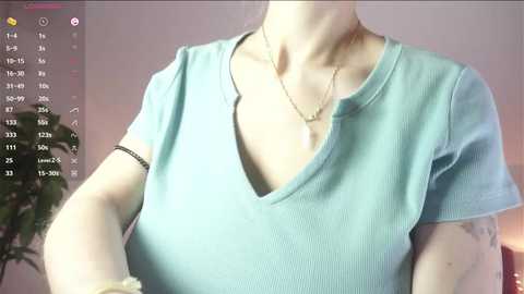 Video of a person wearing a light blue V-neck shirt, showing a tattoo on the upper arm and a gold necklace. The background is blurred, with a plant and a calendar app visible.