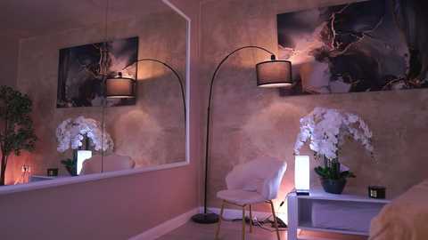 Video of a modern, minimalist bedroom with beige walls, a mirrored wall, white furniture, two black floor lamps with white shades, an orchid, and a textured, abstract painting.