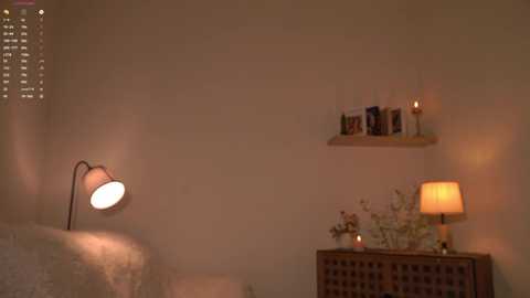 A dimly lit, cozy bedroom scene with a bed, nightstand, bookshelf, and a soft, warm light emanating from a lamp and wall-mounted light fixture. The ambiance is serene and inviting.