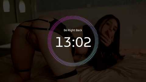 A dimly-lit video shows a woman in black lingerie on all fours on a bed, her face obscured by a circular overlay with \"13:02\" and a sound wave graphic.