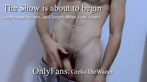 Video of a naked man with a visible penis, pulling down his pants. Text reads, \"The Show is about to begin. Grab some tissues, and forget about your issues.\