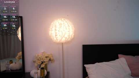 Media: A video of a modern bedroom with a white wall, a round, glowing lamp, a bouquet of white flowers on a nightstand, and a dark wooden headboard with white pillows.