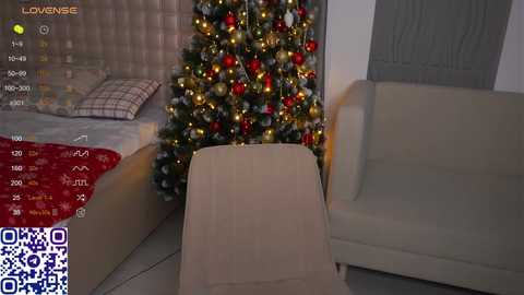 Video of a cozy living room with a lit Christmas tree, beige couch, and a red blanket, showcasing a QR code in the bottom left corner.
