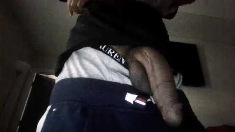 A dimly lit video of a person's lower body, wearing dark pants, exposing a large, erect penis through an open zipper. The background shows a flat-screen TV on a wall.