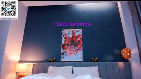 Video of a modern bedroom with a navy blue wall featuring a large, colorful poster of three people in red costumes and the text \"beck tomorrow\". A bed with white linens, a headboard, and a nightstand with a lamp and black cat figurines.
