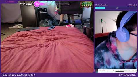 A video of a messy bedroom with a rumpled red blanket, a gaming chair, and a blue gaming headset, juxtaposed with a Twitch stream of a gamer wearing a tie-dye shirt.